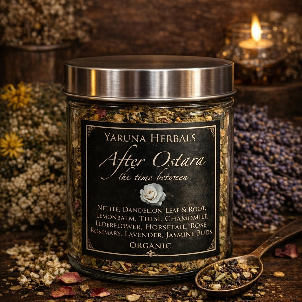 Jar of After Ostara organic loose leaf herbal tea blend nettle dandelion lemon balm tulsi rose lavender – Yaruna Herbals