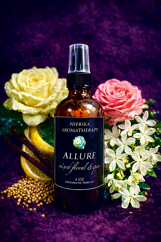 Allure therapeutic perfume spray by Nierika Aromatherapy, mixed floral and spice with vanilla, rose, and coriander seeds – 4 oz bottle