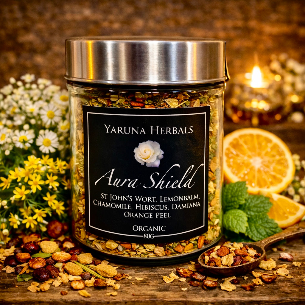 Jar of Aura Shield organic herbal tea by Yaruna Herbals, St. John's Wort, lemon balm, chamomile, hibiscus, damiana, orange peel – 80g