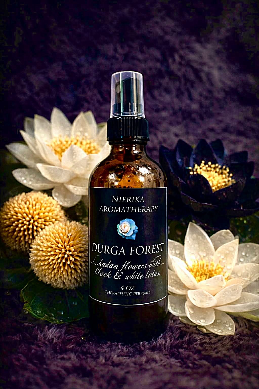 Durga Forest therapeutic perfume spray by Nierika Aromatherapy, kadam flowers with black and white lotus, lotus pond setting – 4 oz