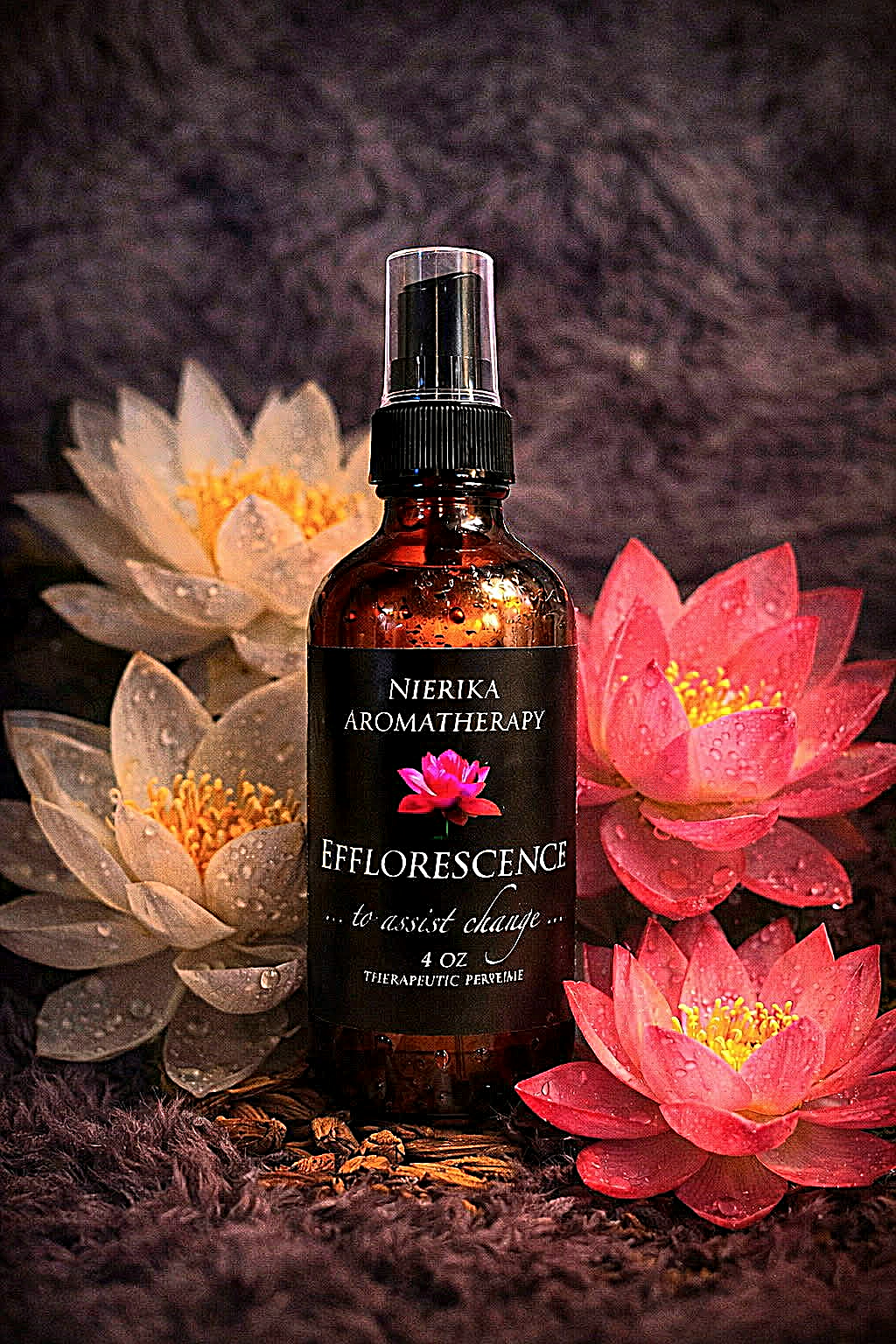 Efflorescence therapeutic perfume spray by Nierika Aromatherapy, to assist change, lotus flower scene with water droplets – 4 oz bottle