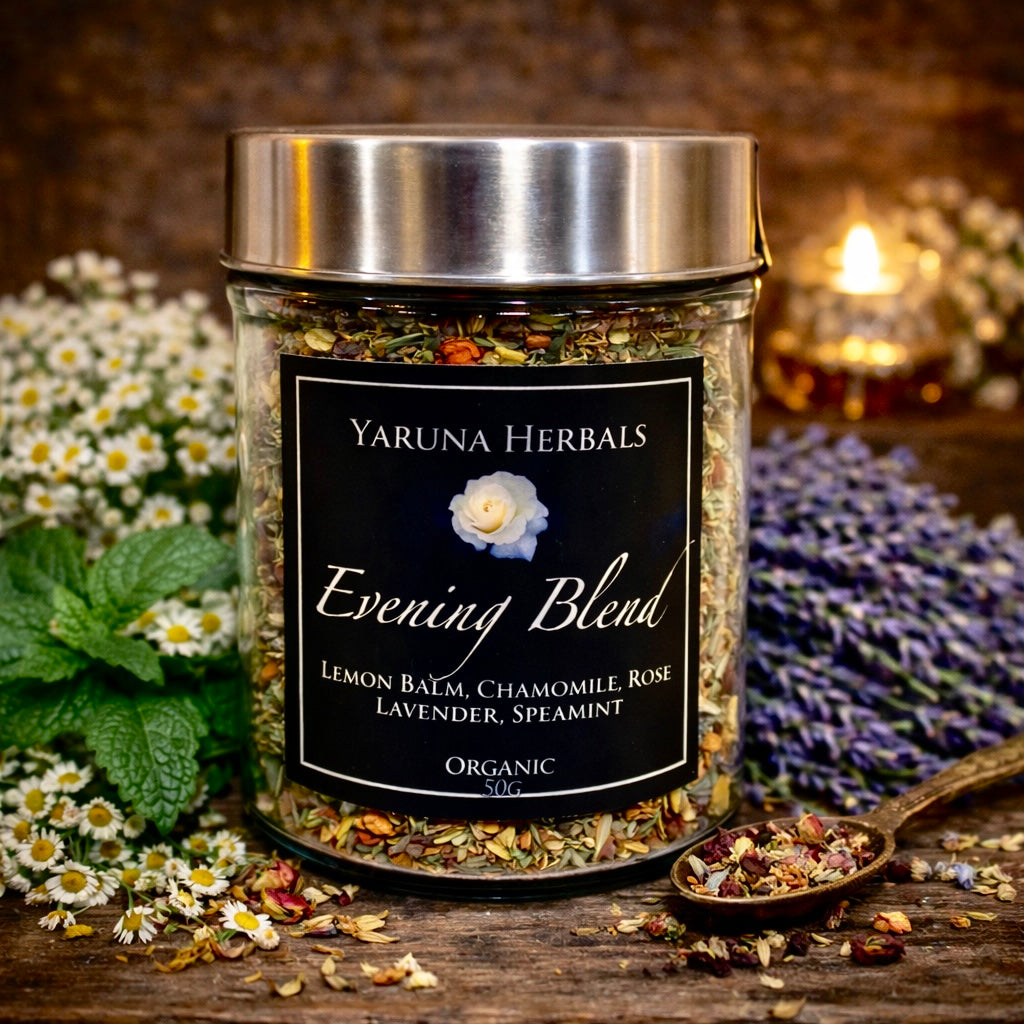 Jar of Evening Blend organic relaxing herbal tea by Yaruna Herbals, lemon balm, chamomile, rose, lavender, spearmint – 50g