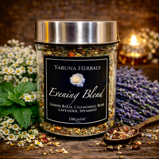 Jar of Evening Blend organic relaxing herbal tea by Yaruna Herbals, lemon balm, chamomile, rose, lavender, spearmint – 50g