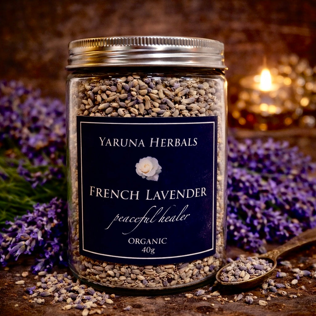 Jar of French Lavender organic buds by Yaruna Herbals, peaceful healer, premium loose lavender flowers – 40g