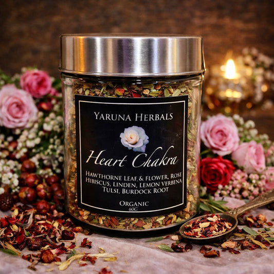 Jar of Heart Chakra organic herbal tea by Yaruna Herbals, hawthorn leaf & flower, rose, hibiscus, linden, lemon verbena, tulsi, burdock root – 60g