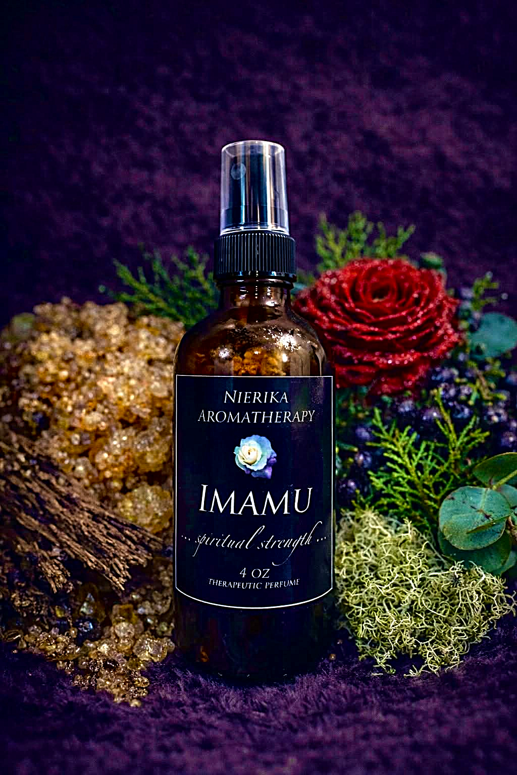 Imamu therapeutic perfume spray by Nierika Aromatherapy, spiritual strength blend, bottle with frankincense resin, cedar, and roses – 4 oz