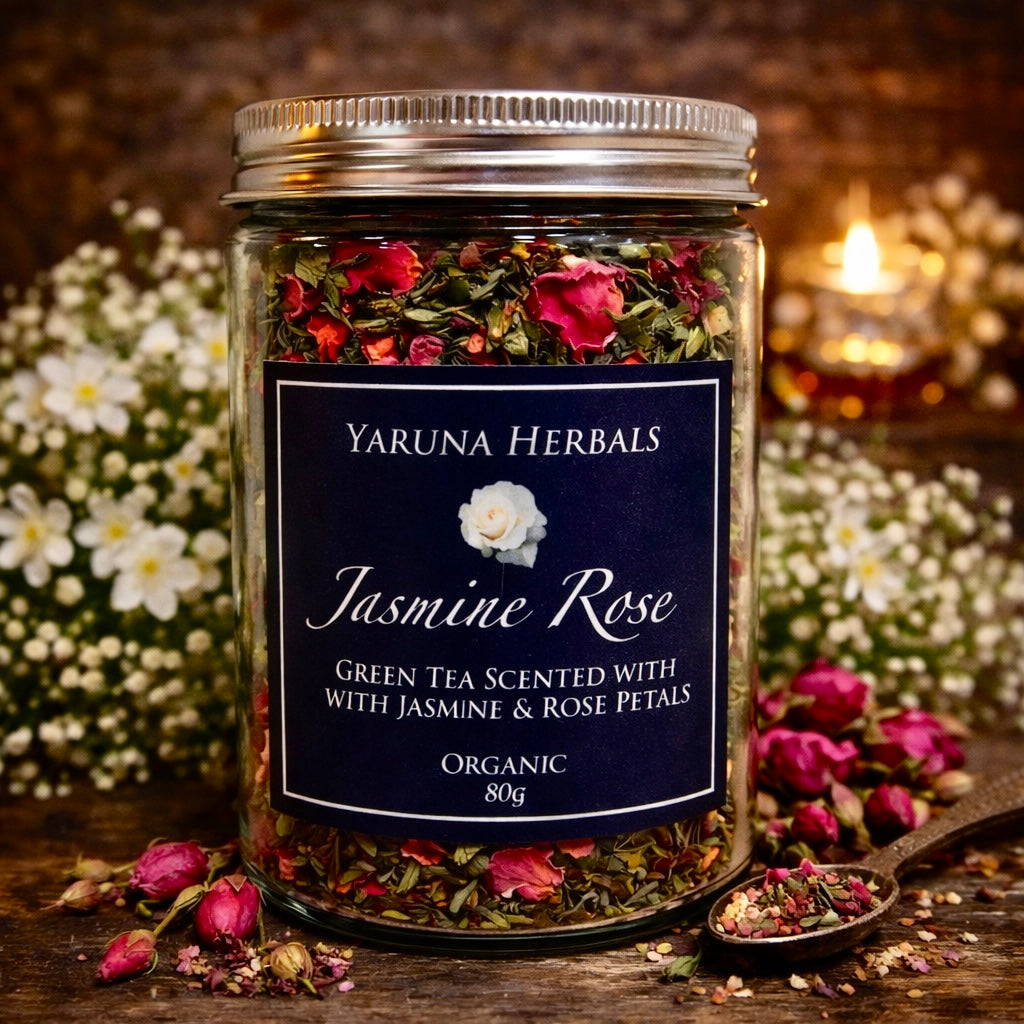 Jar of Jasmine Rose organic scented green tea by Yaruna Herbals, green tea with jasmine and rose petals – 80g