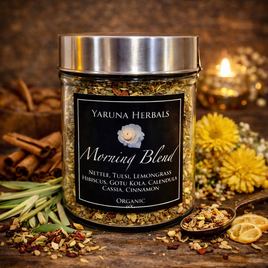 Jar of Morning Blend organic energizing herbal tea by Yaruna Herbals, nettle, tulsi, lemongrass, hibiscus, gotu kola, calendula, cassia cinnamon – 60g