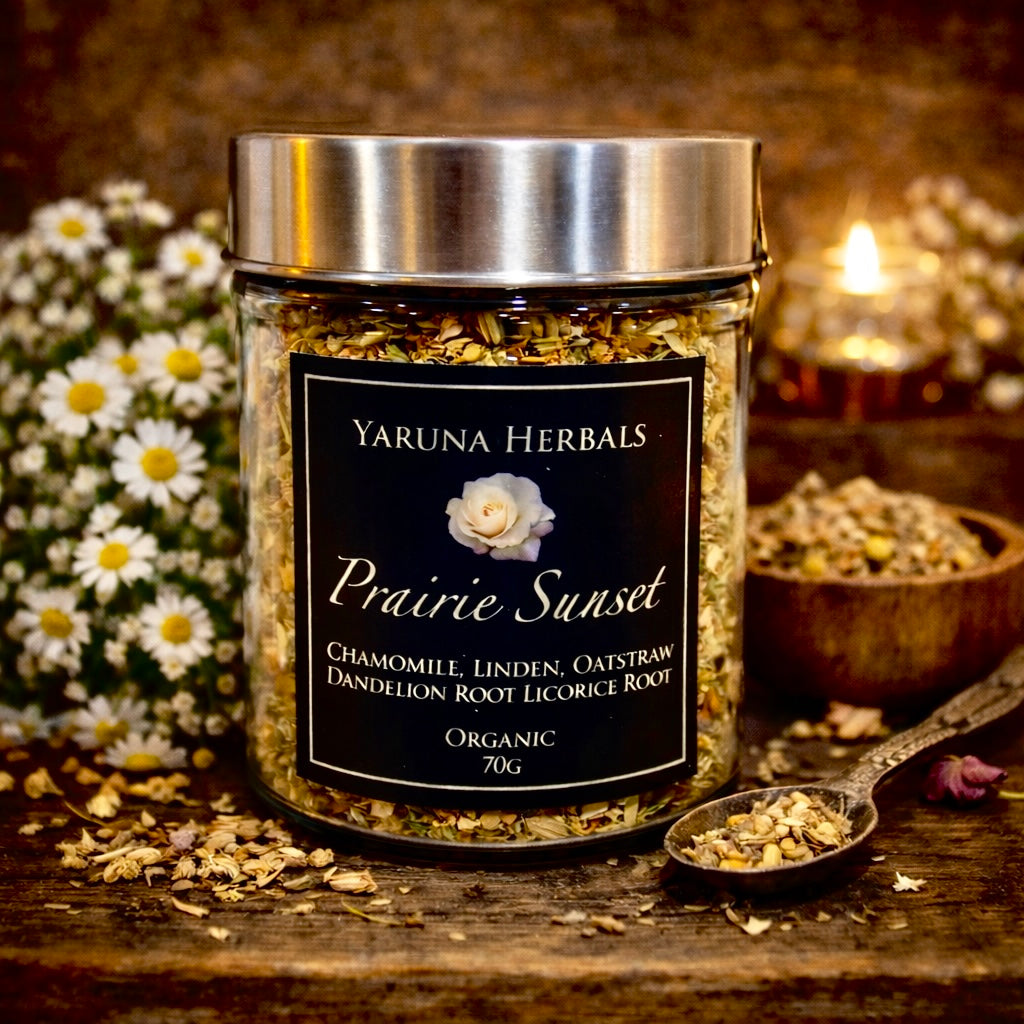 Jar of Prairie Sunset organic herbal tea by Yaruna Herbals, featuring chamomile, linden, oatstraw, dandelion root, and licorice root – 70g
