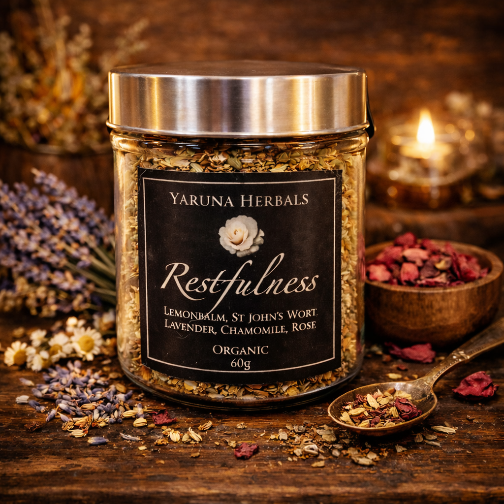 Jar of Restfulness organic calming herbal tea by Yaruna Herbals, lemon balm, St. John's Wort, lavender, chamomile, rose – 60g