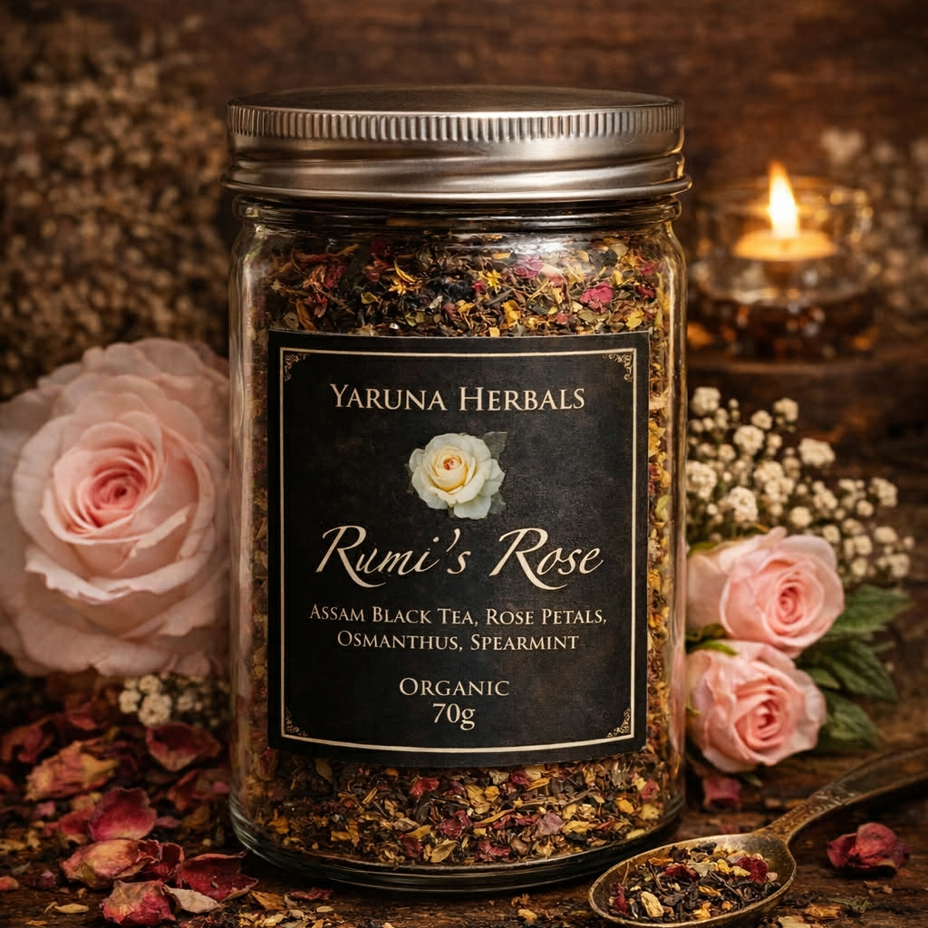 Jar of Rumi’s Rose organic Assam black tea blend with rose petals osmanthus spearmint – Yaruna Herbals 70g