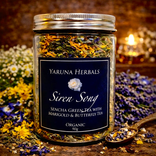 Jar of Siren Song organic green tea by Yaruna Herbals, sencha green tea with marigold petals and butterfly pea flowers – 90g