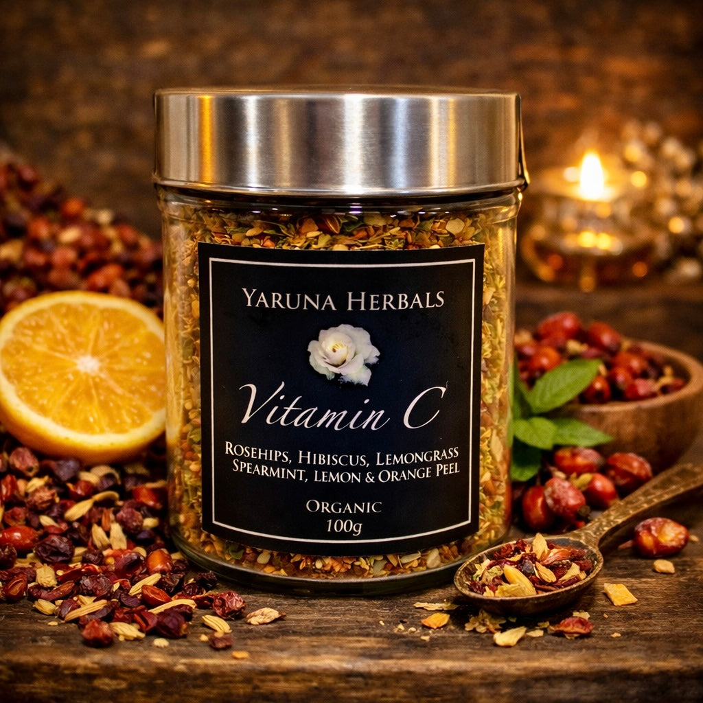 Jar of Vitamin C organic herbal tea by Yaruna Herbals, with rosehips, hibiscus, lemongrass, spearmint, lemon, and orange peel – 100g