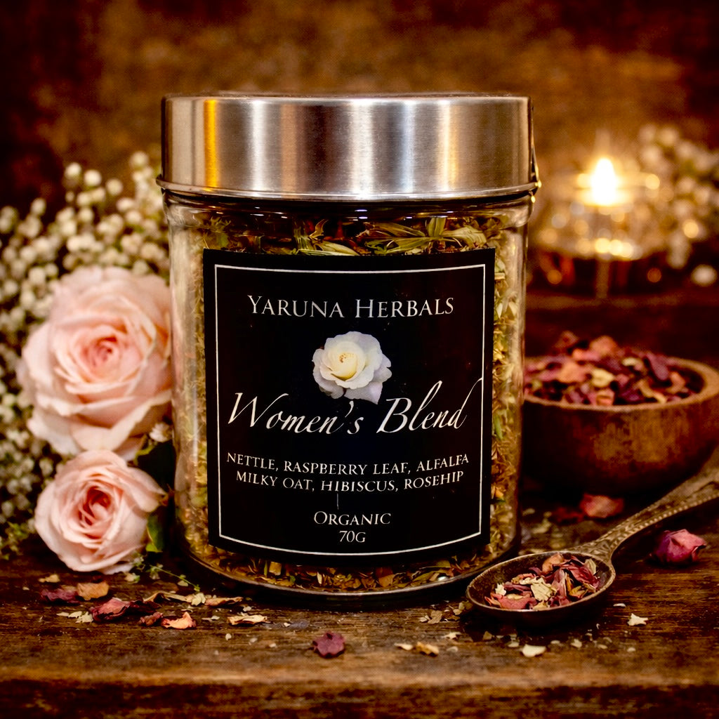 Jar of Women's Blend organic herbal tea by Yaruna Herbals, with nettle, raspberry leaf, alfalfa, milky oat, hibiscus, rosehip – 70g